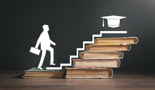 Books shaped as stairs with a man climbing towards graduation hat