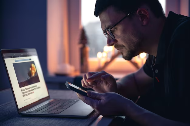 Man using phone with laptop nearby